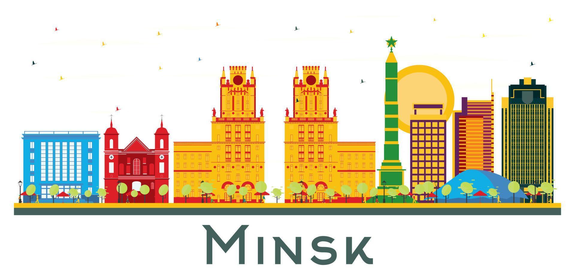 horizonte de la ciudad de minsk, bielorrusia con edificios de color aislados en blanco. vector