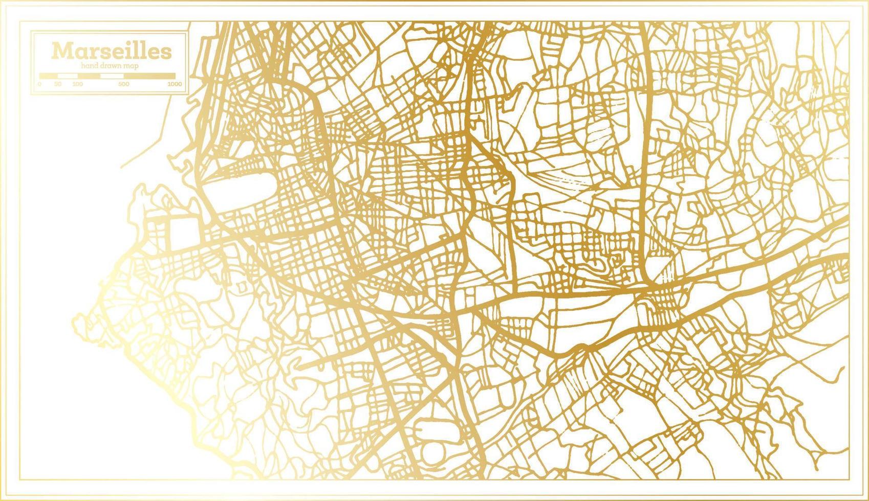 mapa de la ciudad de marsella francia en estilo retro en color dorado. esquema del mapa. vector