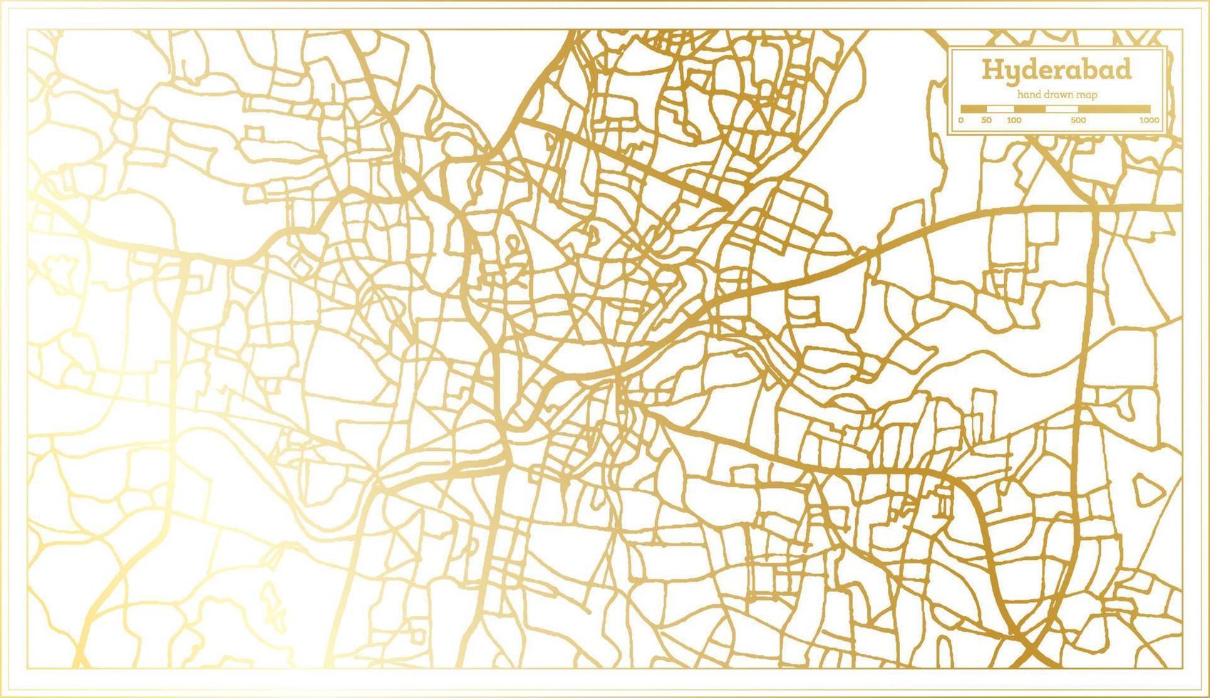 mapa de la ciudad de hyderabad india en estilo retro en color dorado. esquema del mapa. vector