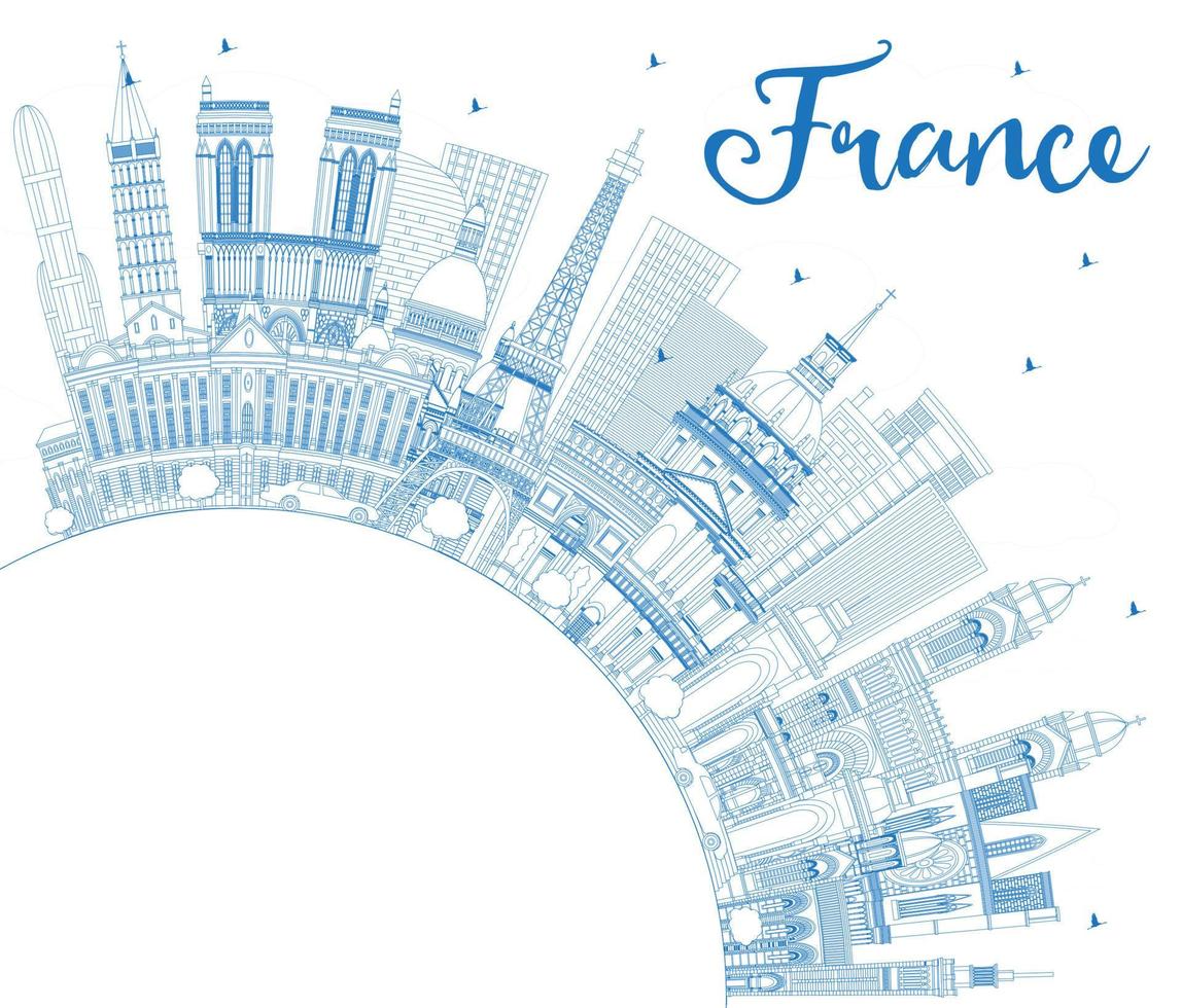 delinear el horizonte de la ciudad de francia con edificios azules y espacio de copia. vector