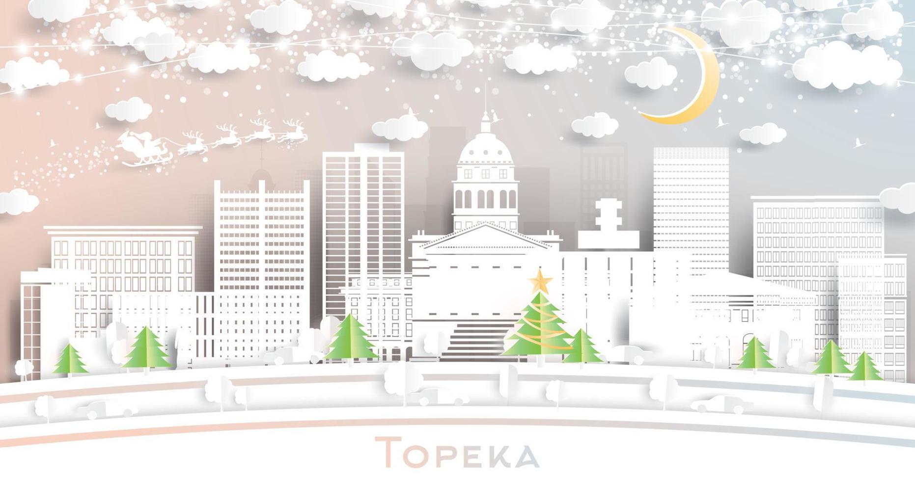 horizonte de la ciudad de topeka kansas usa en estilo de corte de papel con copos de nieve, luna y guirnalda de neón. vector