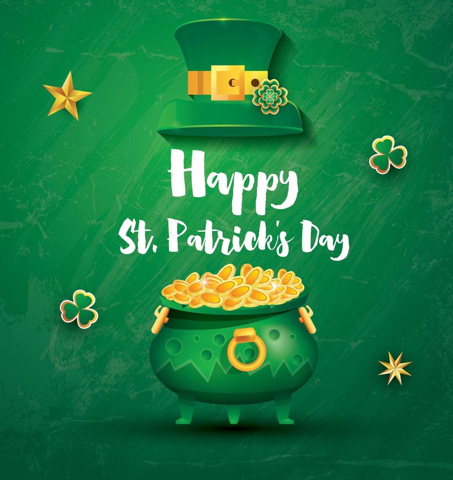 Saint Patricks Day Festive Banner with Pot Filled Golden Coins, Green Top Hat and Shamrock. vector