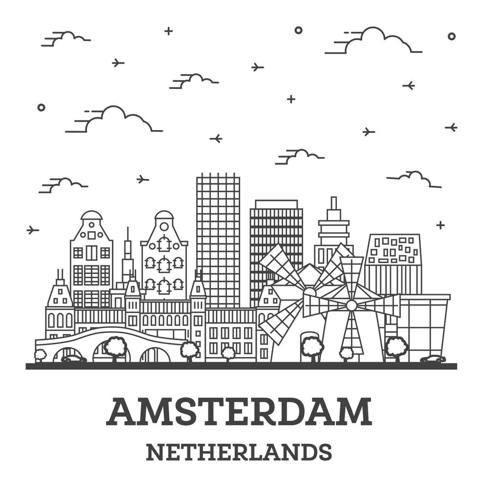 Outline Amsterdam Netherlands City Skyline with Historic Buildings Isolated on White. vector