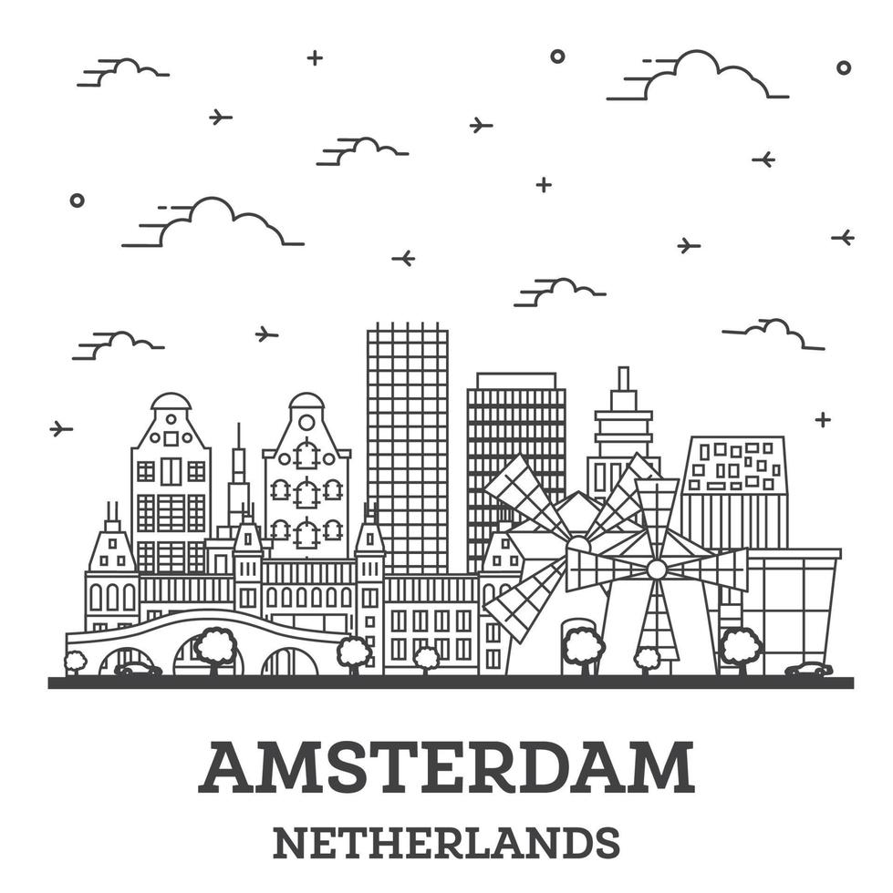 delinear el horizonte de la ciudad de amsterdam, países bajos, con edificios históricos aislados en blanco. vector