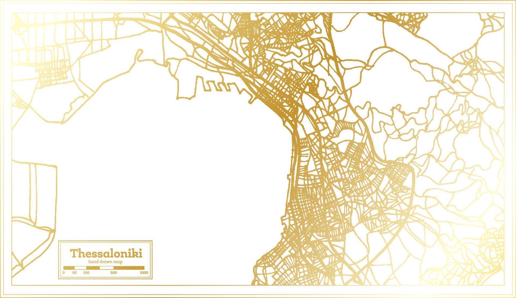 mapa de la ciudad de tesalónica grecia en estilo retro en color dorado. esquema del mapa. vector