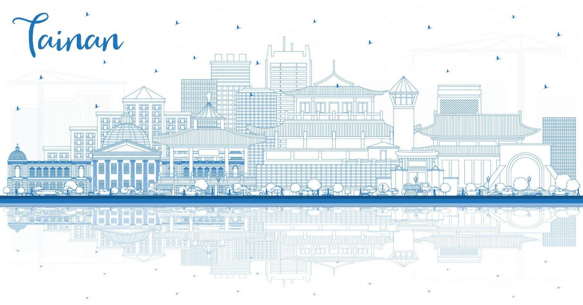 delinear el horizonte de la ciudad de tainan taiwán con edificios azules y reflejos. vector