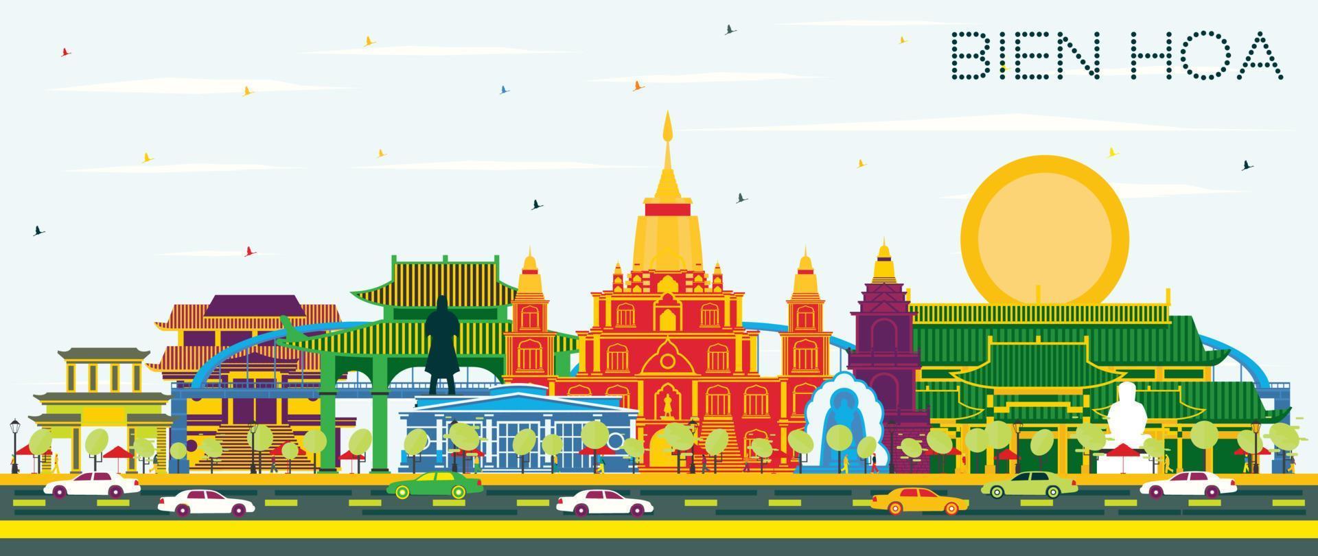 Bien Hoa Vietnam City Skyline with Color Buildings and Blue Sky. vector