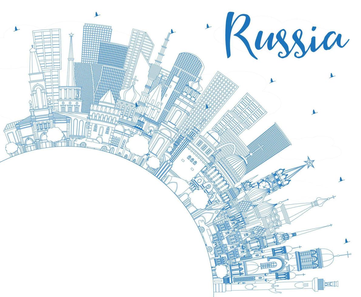 Outline Russia City Skyline with Blue Buildings and Copy Space. vector
