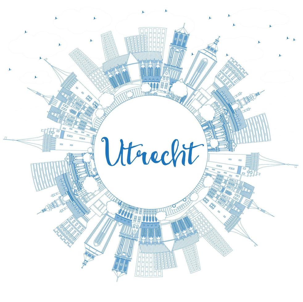 Outline Utrecht Netherlands City Skyline with Blue Buildings and Copy Space. vector
