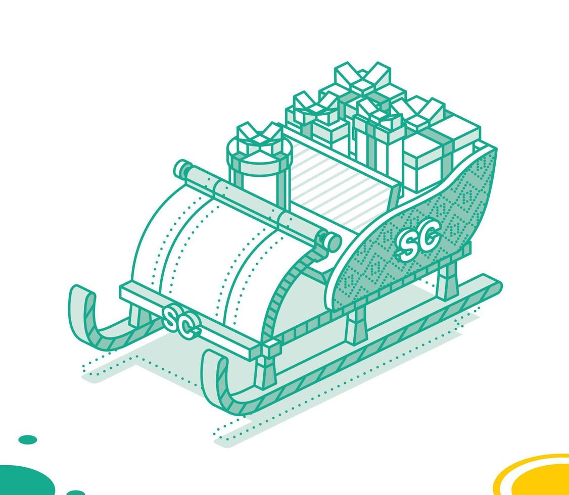 Isometric Christmas Open Sleigh with Bunch Gift Boxes. Outline Concept. vector