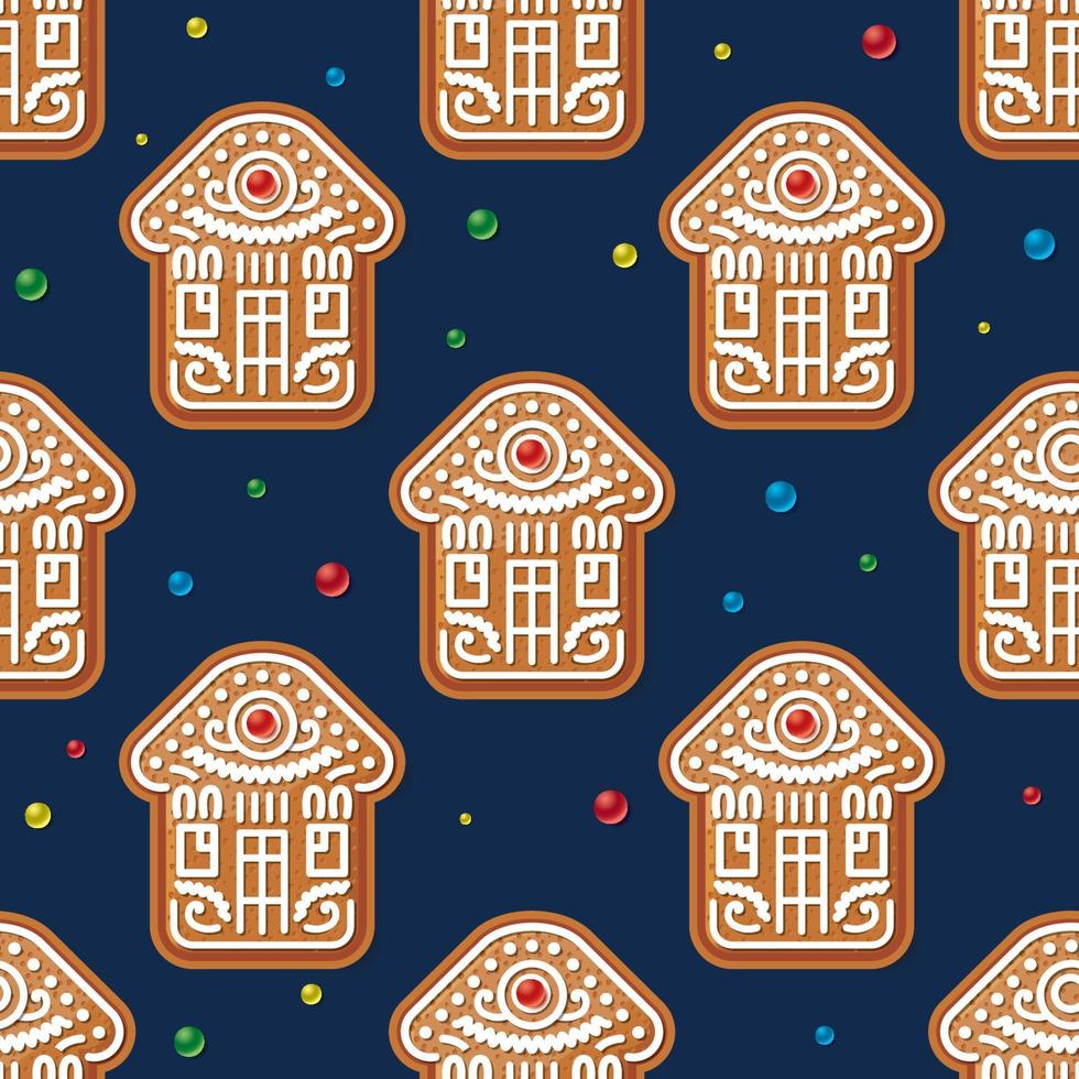 Seamless Pattern with Christmas Gingerbread House on Blue. Vector Illustration.