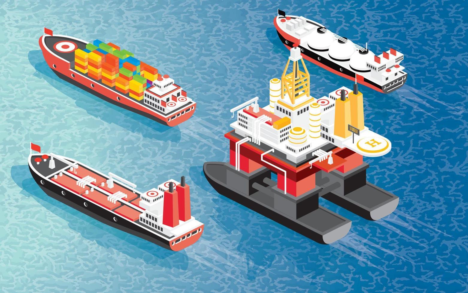 Isometric Oil Rig, Cargo Ship Container, LNG Carrier Ship and Oil Tanker. vector