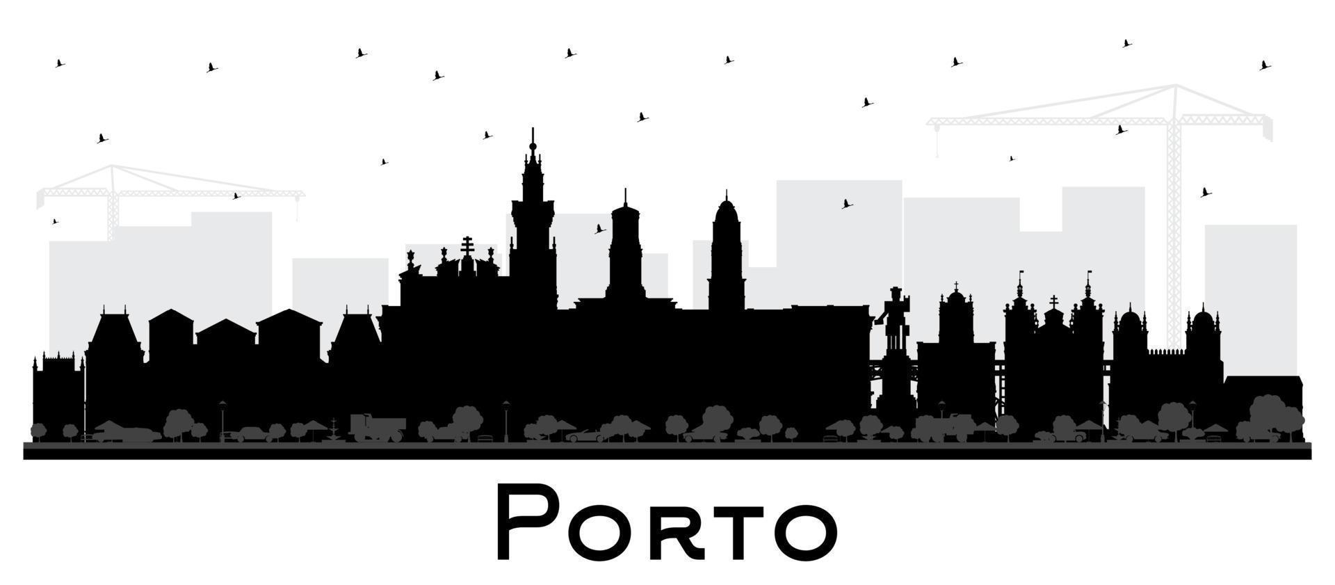 Porto Portugal City Skyline Silhouette with Black Buildings Isolated on White. vector