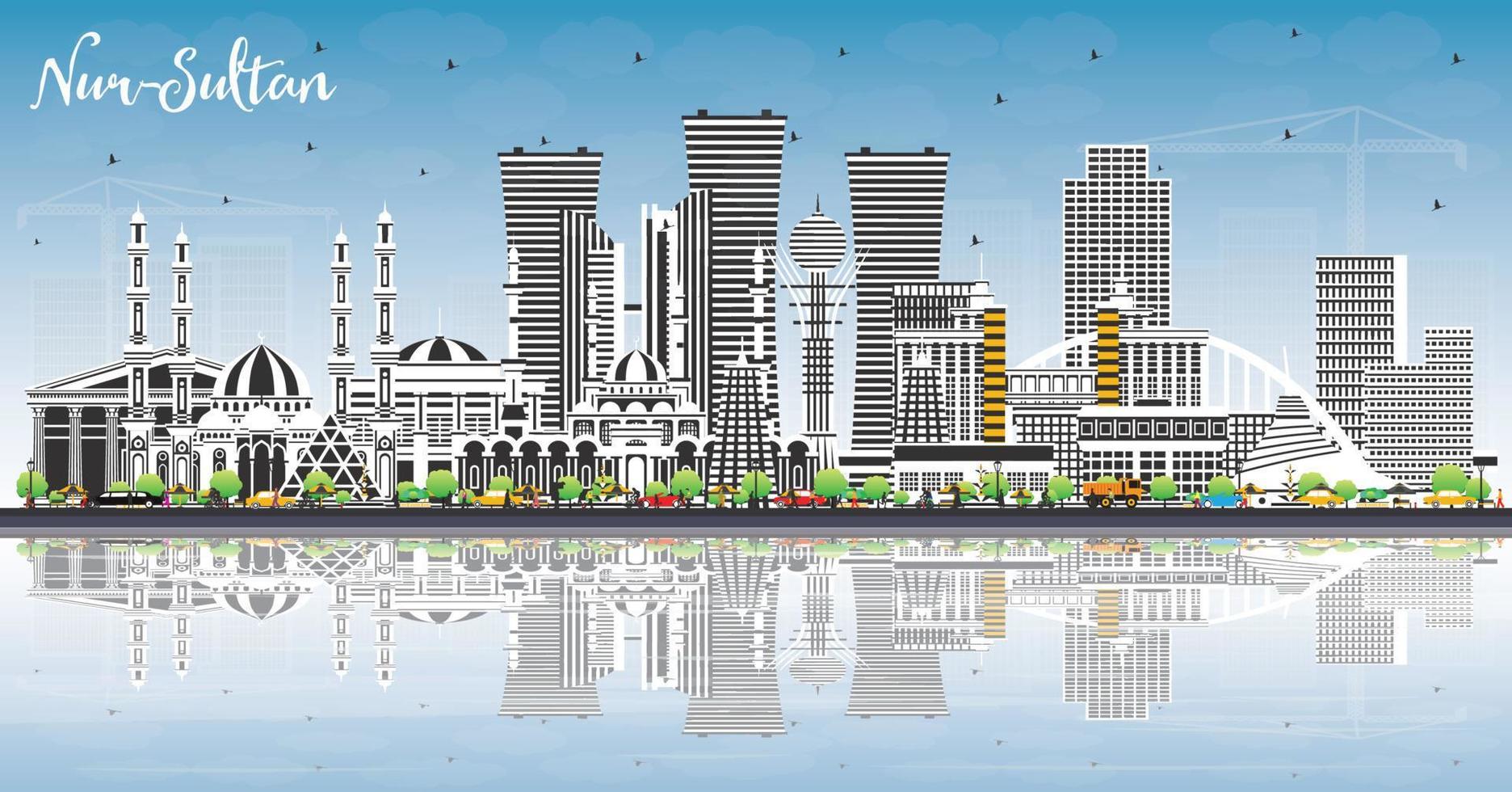 Nur-Sultan Kazakhstan City Skyline with Color Buildings, Blue Sky and Reflections. vector