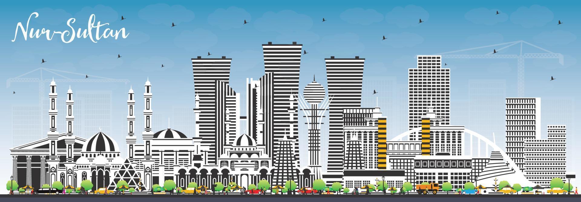 Nur-Sultan Kazakhstan City Skyline with Color Buildings and Blue Sky. vector