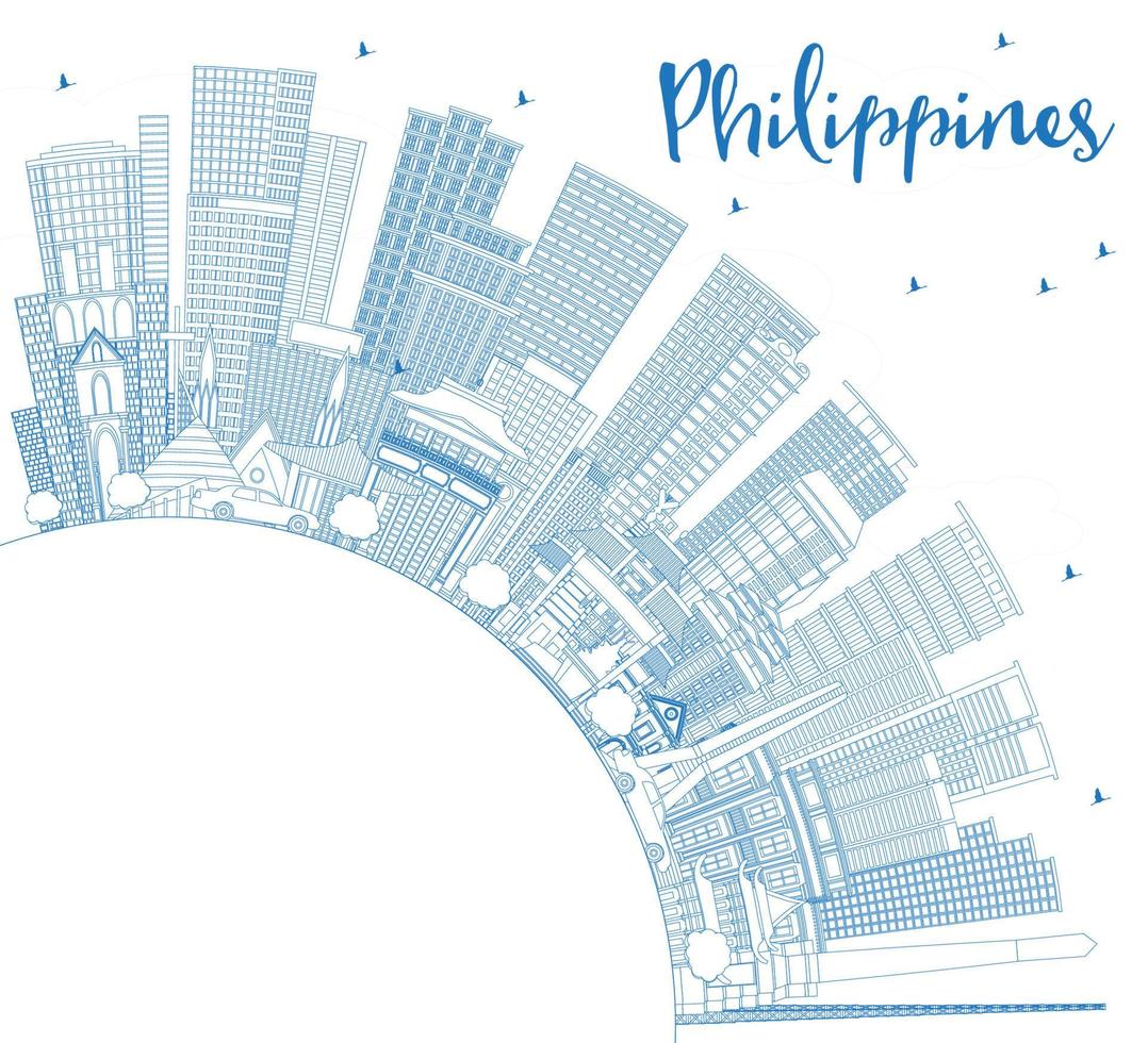 delinear el horizonte de la ciudad de filipinas con edificios azules y espacio de copia. vector