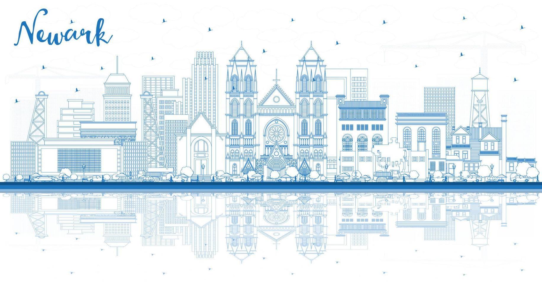 Outline Newark New Jersey City Skyline with Blue Buildings and Reflections. vector