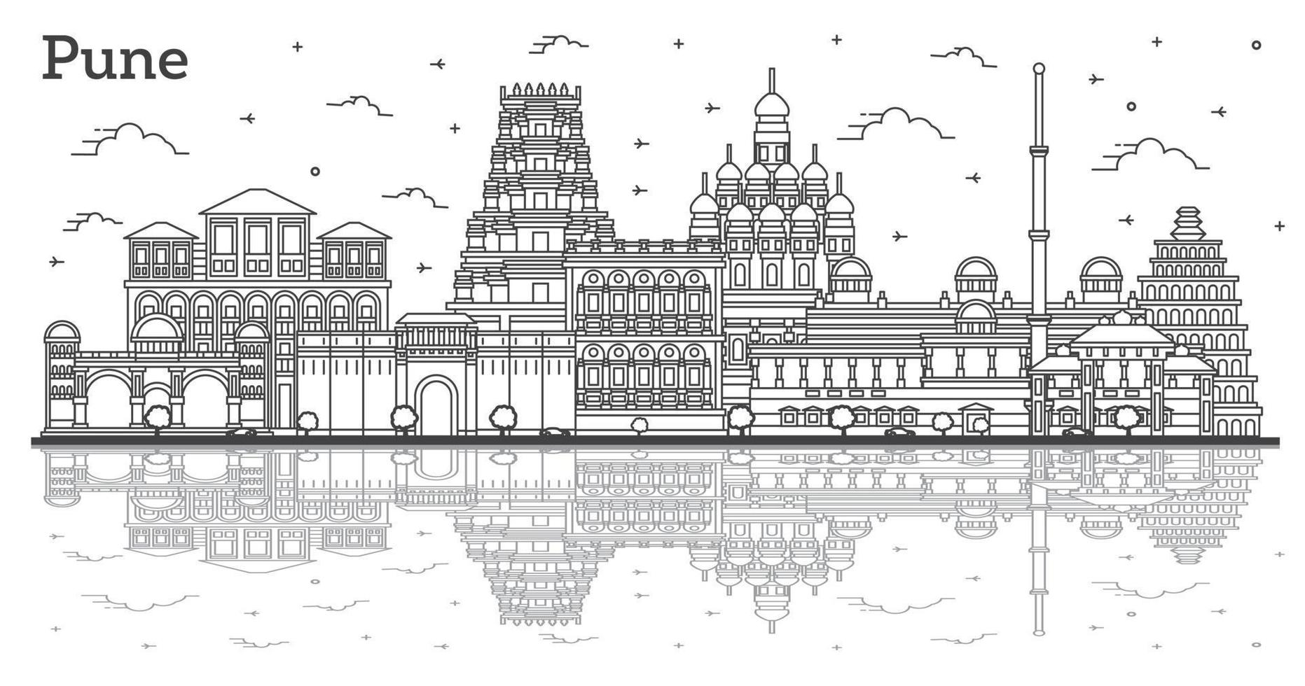 delinear el horizonte de la ciudad de pune india con reflejos y edificios históricos aislados en blanco. vector