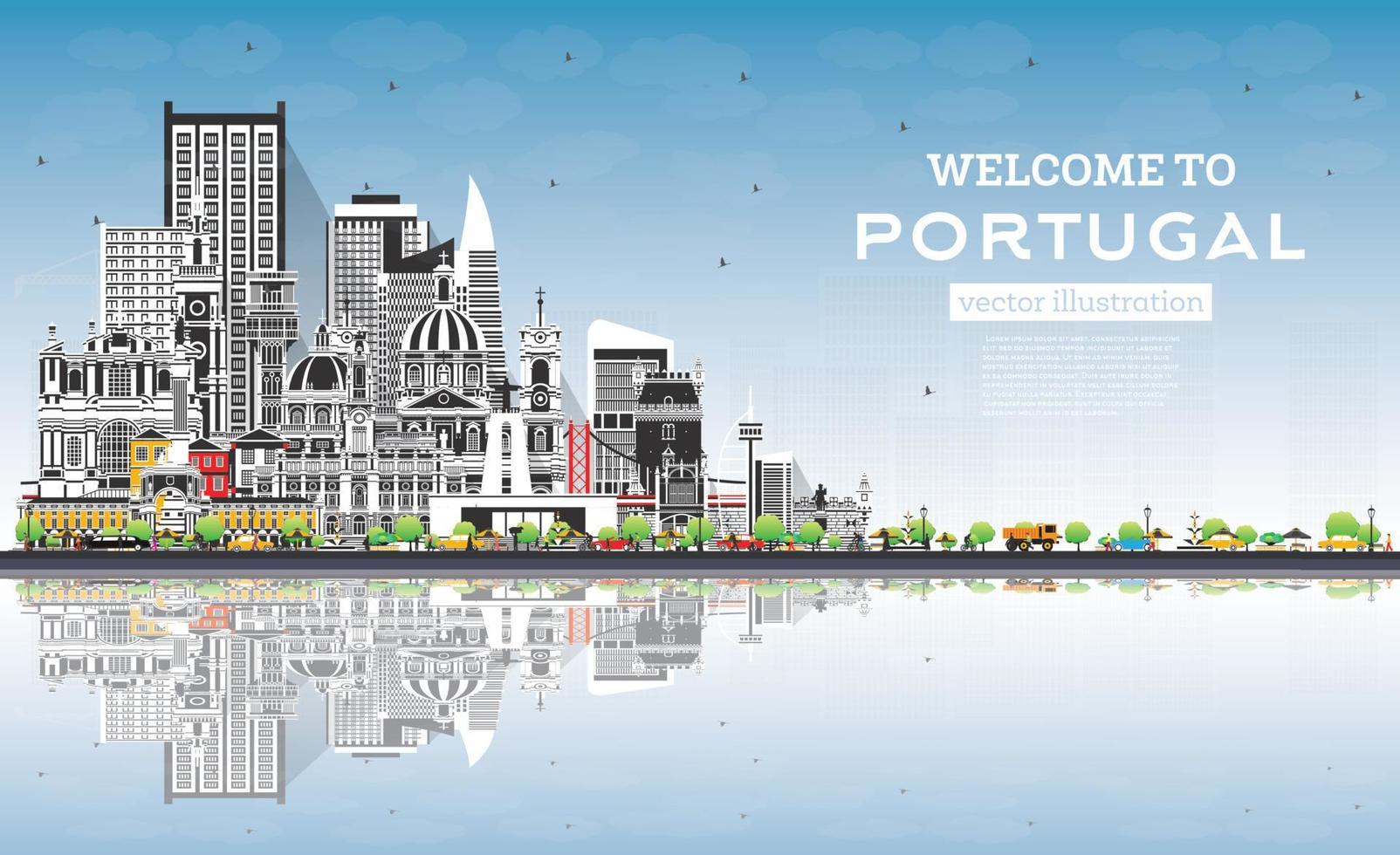 bienvenido a Portugal. horizonte de la ciudad con edificios grises, cielo azul y reflejos. vector