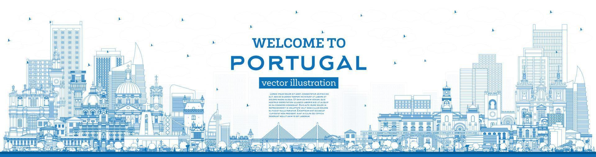 Welcome to Portugal. Outline City Skyline with Blue Buildings. vector