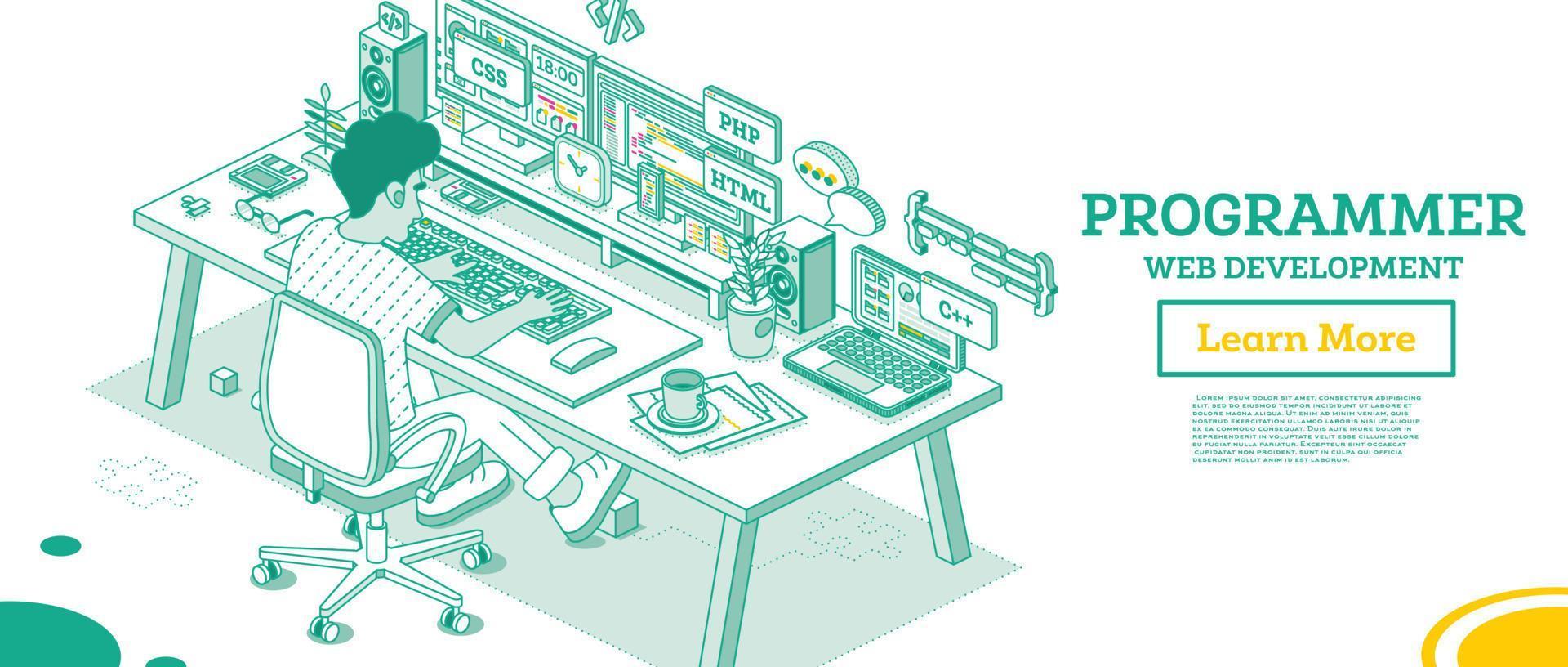 programador. El desarrollador frontend o backend se sienta en una silla con ruedas frente a dos monitores con código. vector