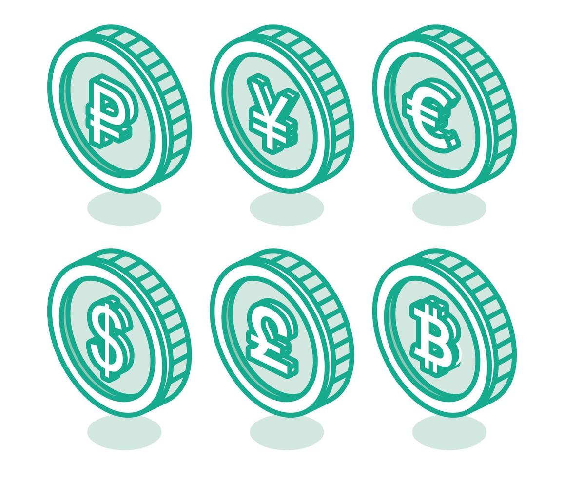 Currency Set. Coins of Dollar, Pound, Euro, Ruble, Yen and Bitcoin. Vector Illustration.