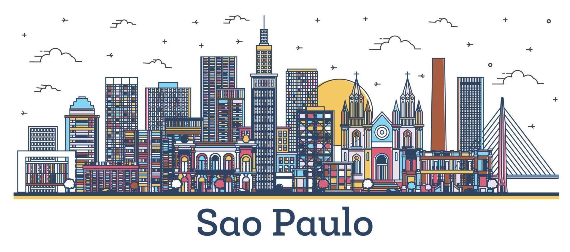 Outline Sao Paulo Brazil City Skyline with Colored Buildings Isolated on White. vector