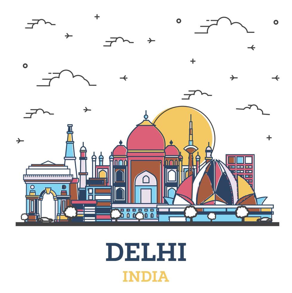 delinear el horizonte de la ciudad de delhi india con edificios históricos de colores aislados en blanco. vector