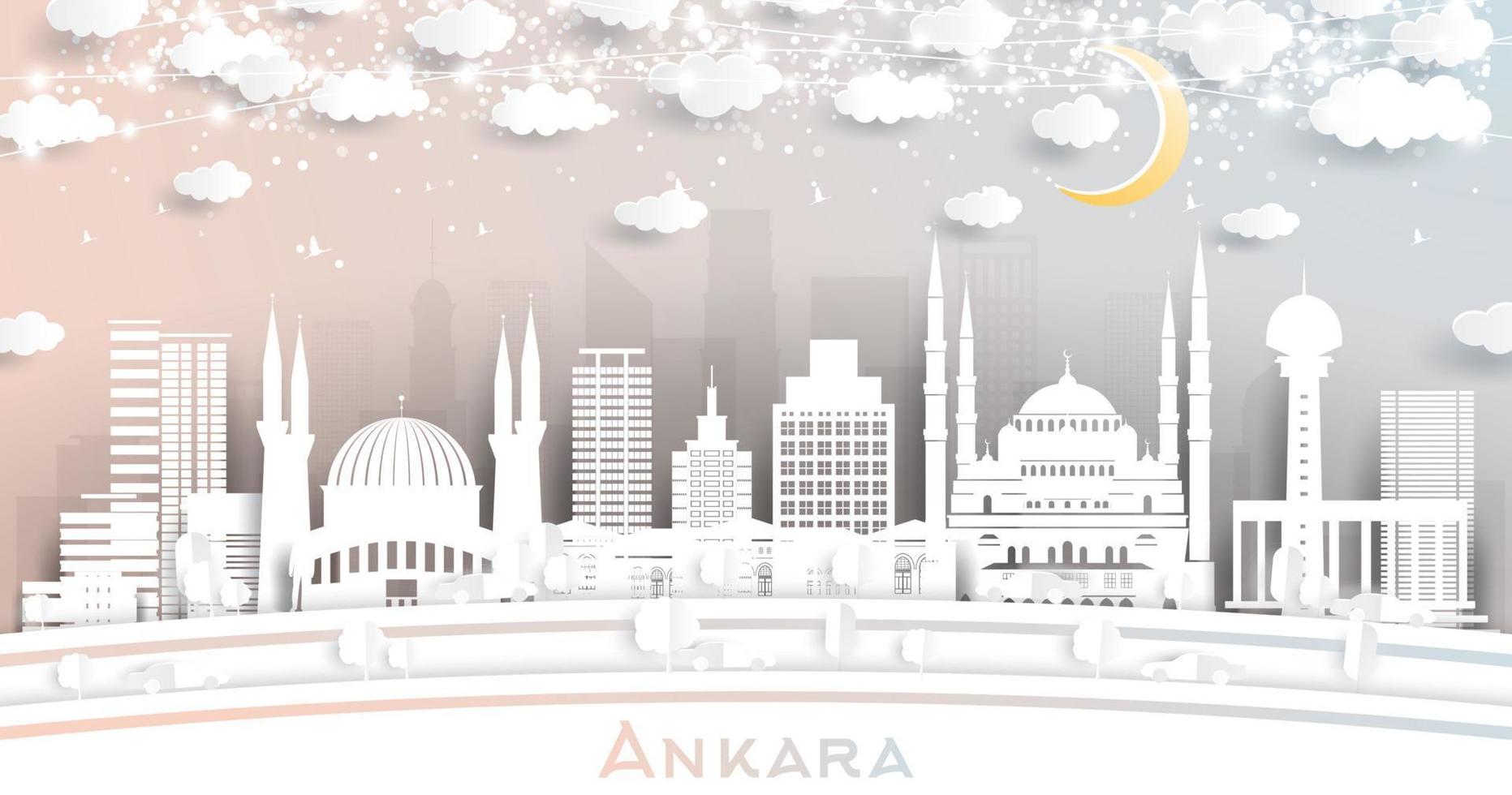 horizonte de la ciudad de ankara turquía en estilo de corte de papel con edificios blancos, luna y guirnalda de neón. vector