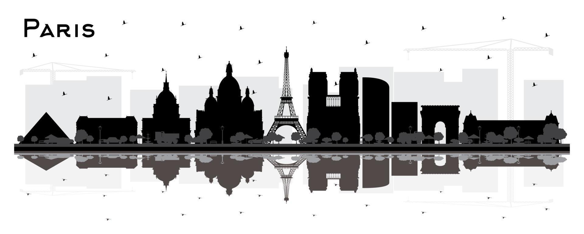 silueta del horizonte de la ciudad de parís francia con edificios negros y reflejos aislados en blanco. vector