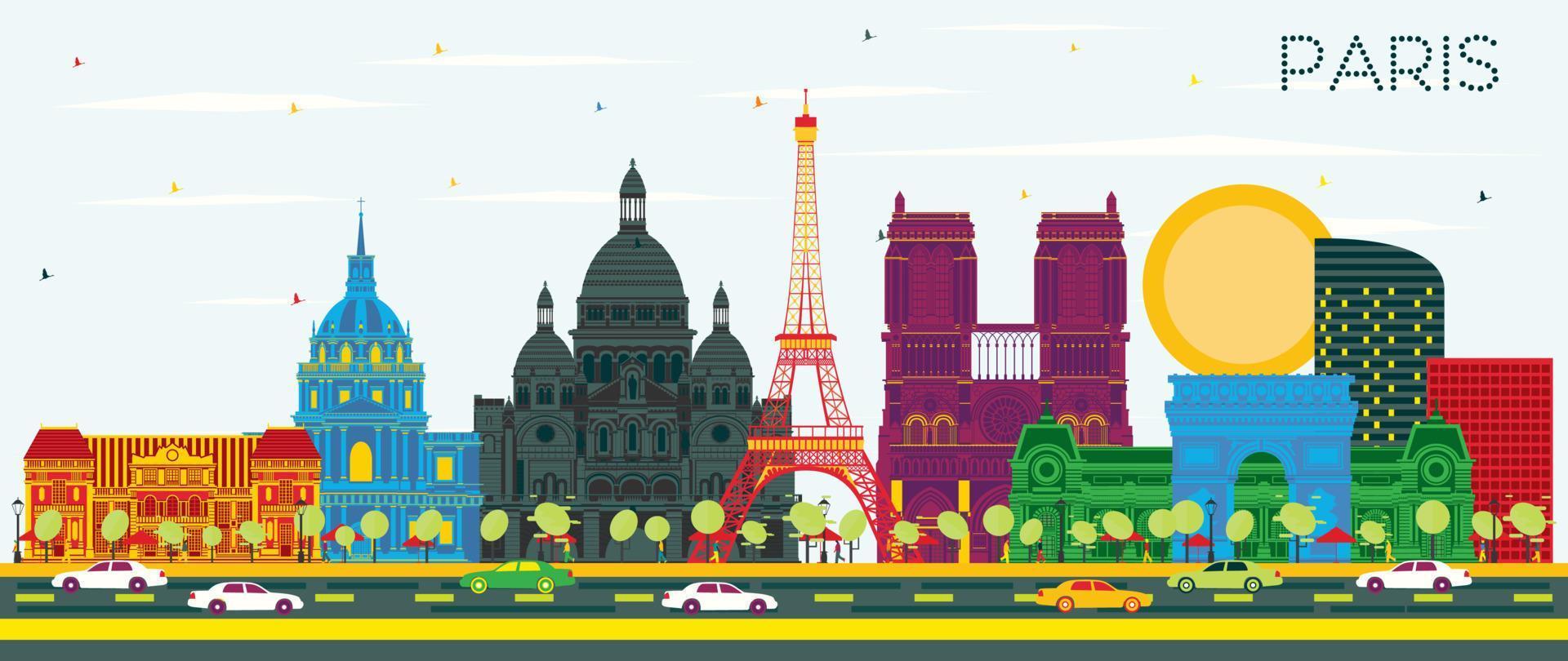 Paris France City Skyline with Color Buildings and Blue Sky. vector