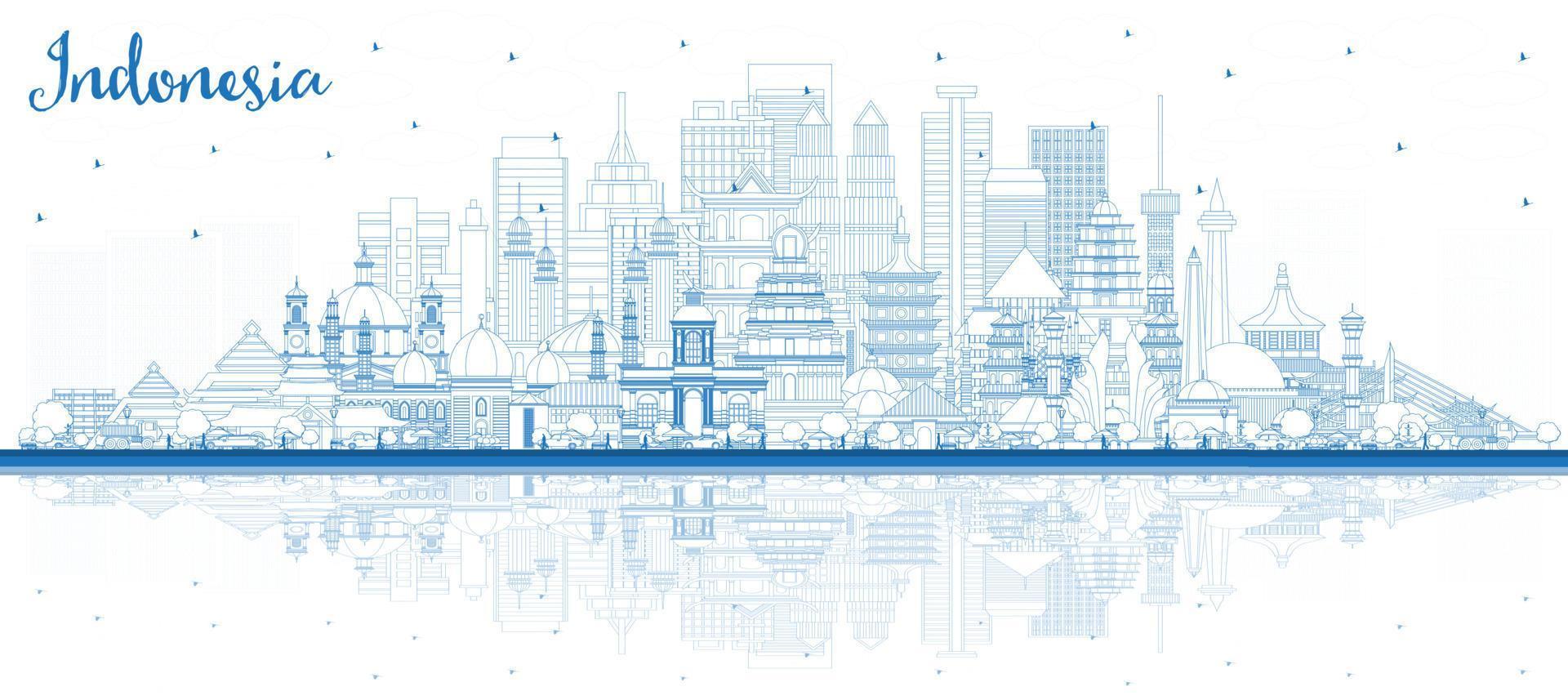 Outline Indonesia Cities Skyline with Blue Buildings and Reflections. vector