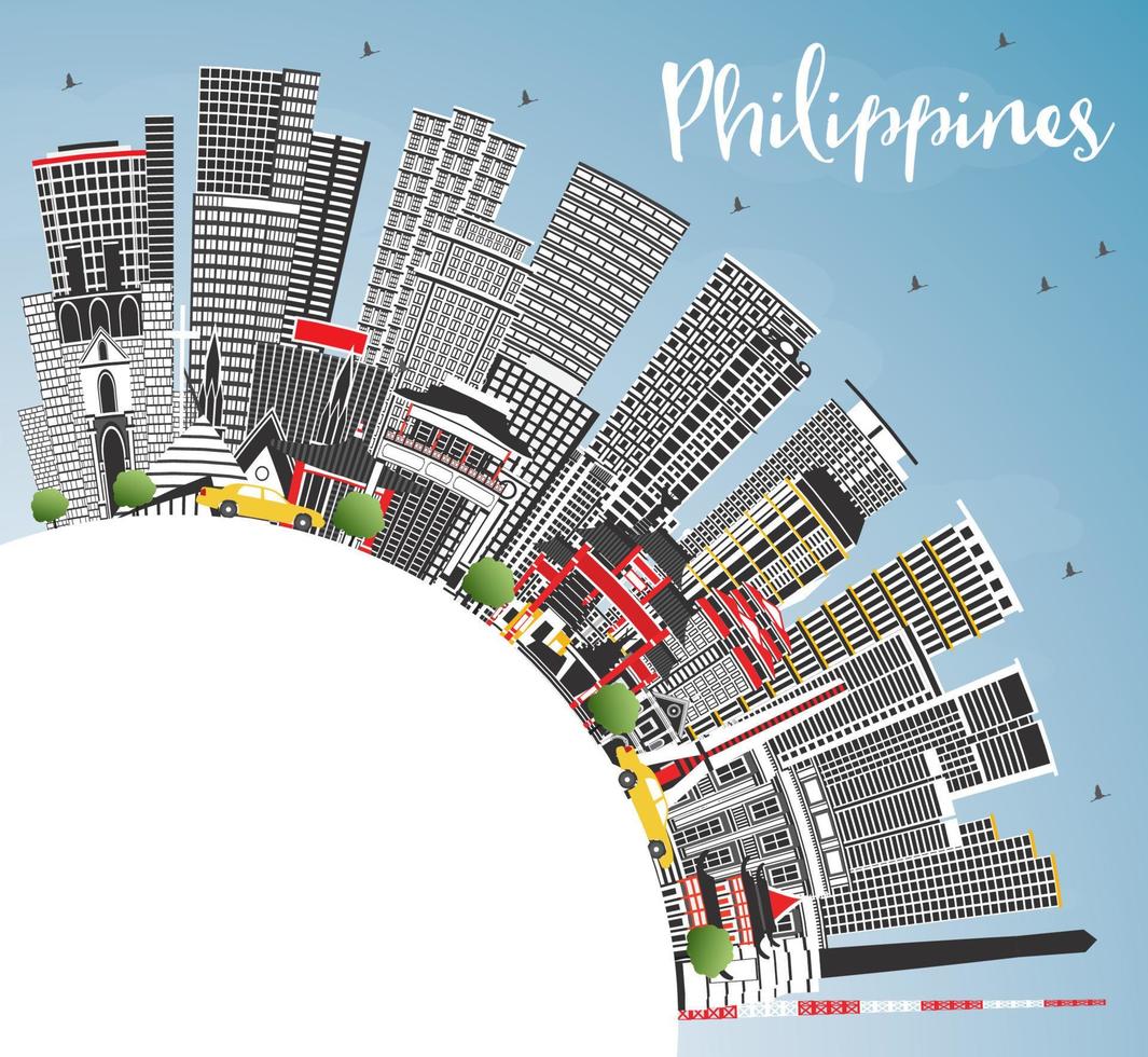 el horizonte de la ciudad de filipinas con edificios grises, cielo azul y espacio para copiar. vector