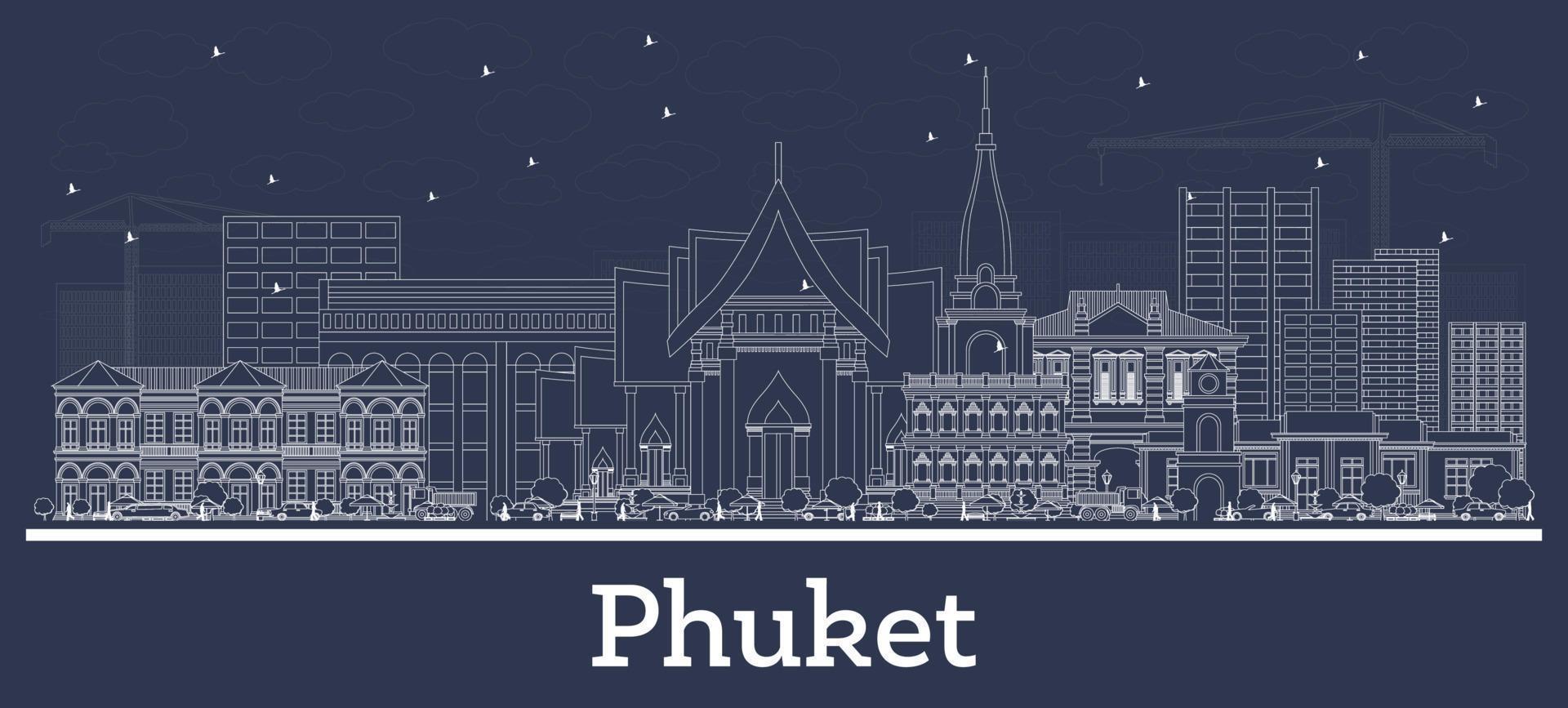 Outline Phuket Thailand City Skyline with White Buildings. vector