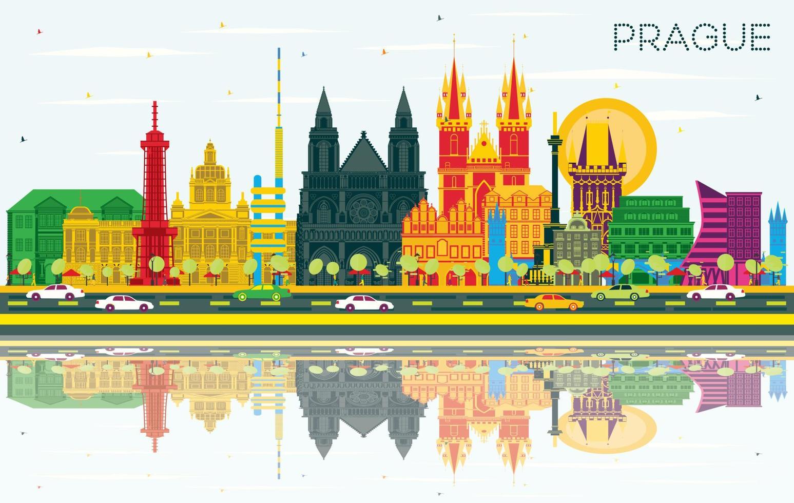 horizonte de la ciudad de praga república checa con edificios de color, cielo azul y reflejos. vector