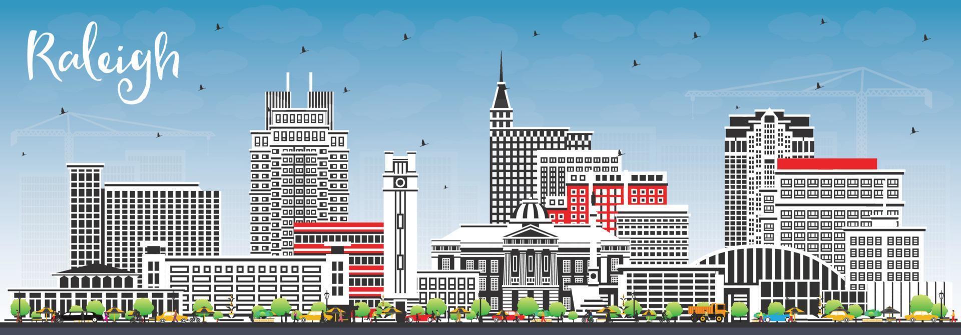 Raleigh North Carolina City Skyline with Color Buildings and Blue Sky. vector