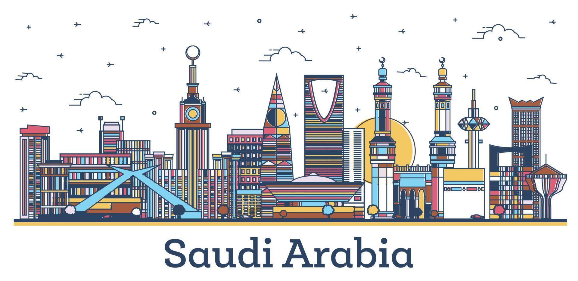 delinear el horizonte de la ciudad de arabia saudita con edificios históricos y modernos de colores aislados en blanco. vector