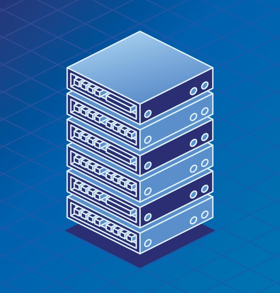 Server Rack Isometric Outline Object on Blue Background. vector