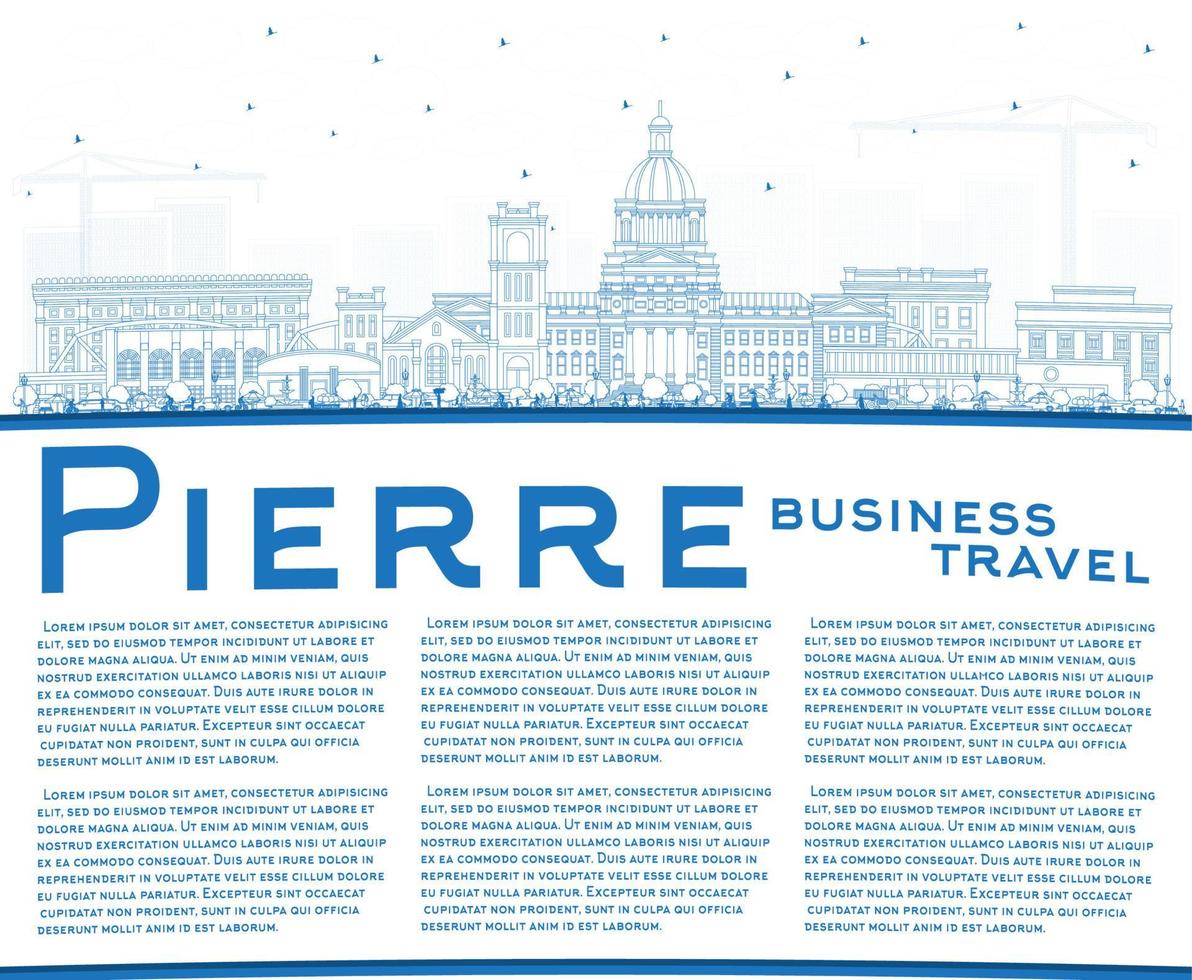 Outline Pierre South Dakota City Skyline with Blue Buildings and Copy Space. vector