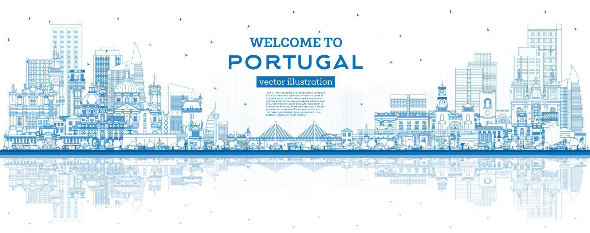 Welcome to Portugal. Outline City Skyline with Blue Buildings and Reflections. vector
