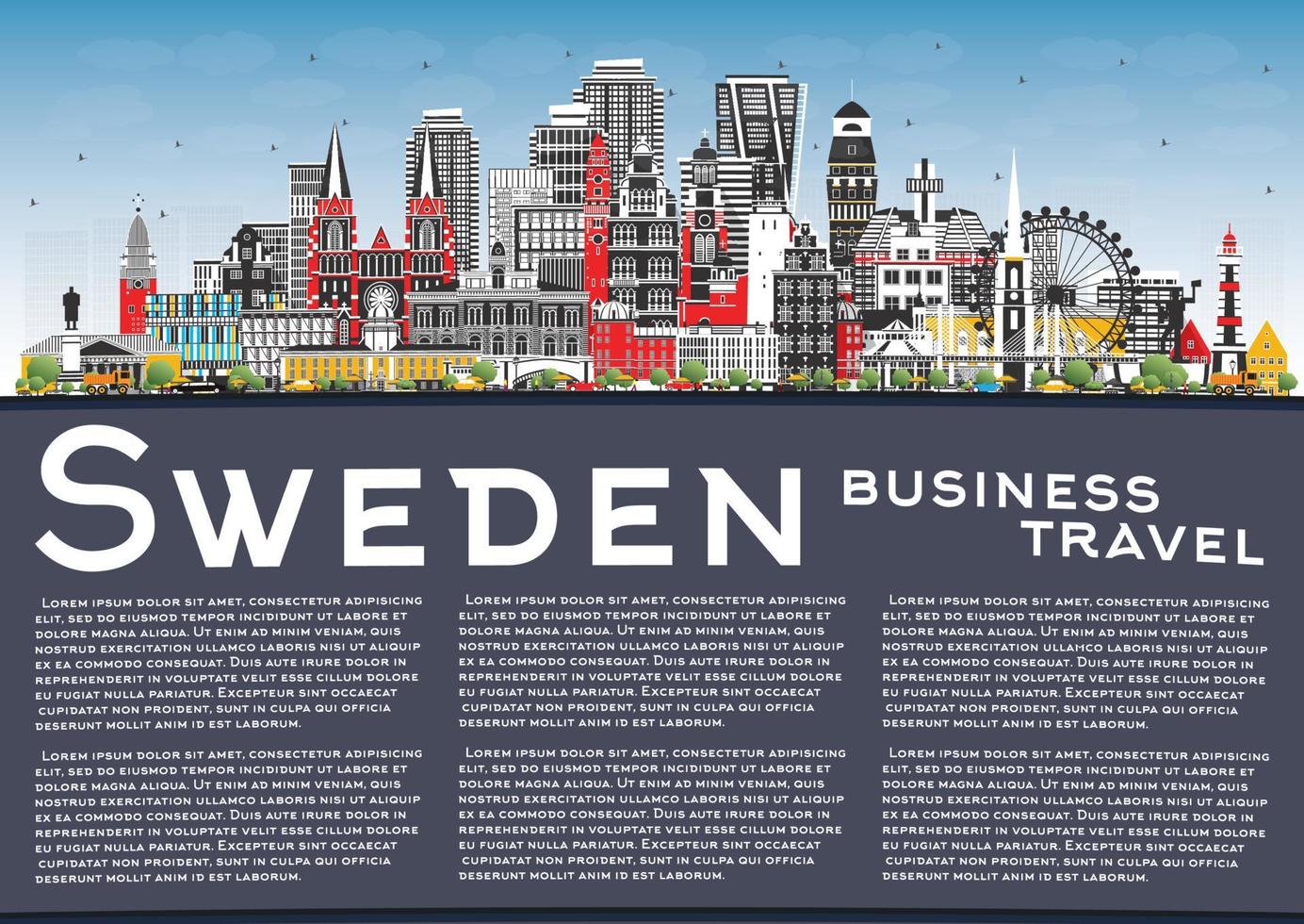 Bienvenido a Suecia. el horizonte de la ciudad con edificios grises, cielo azul y espacio para copiar. vector