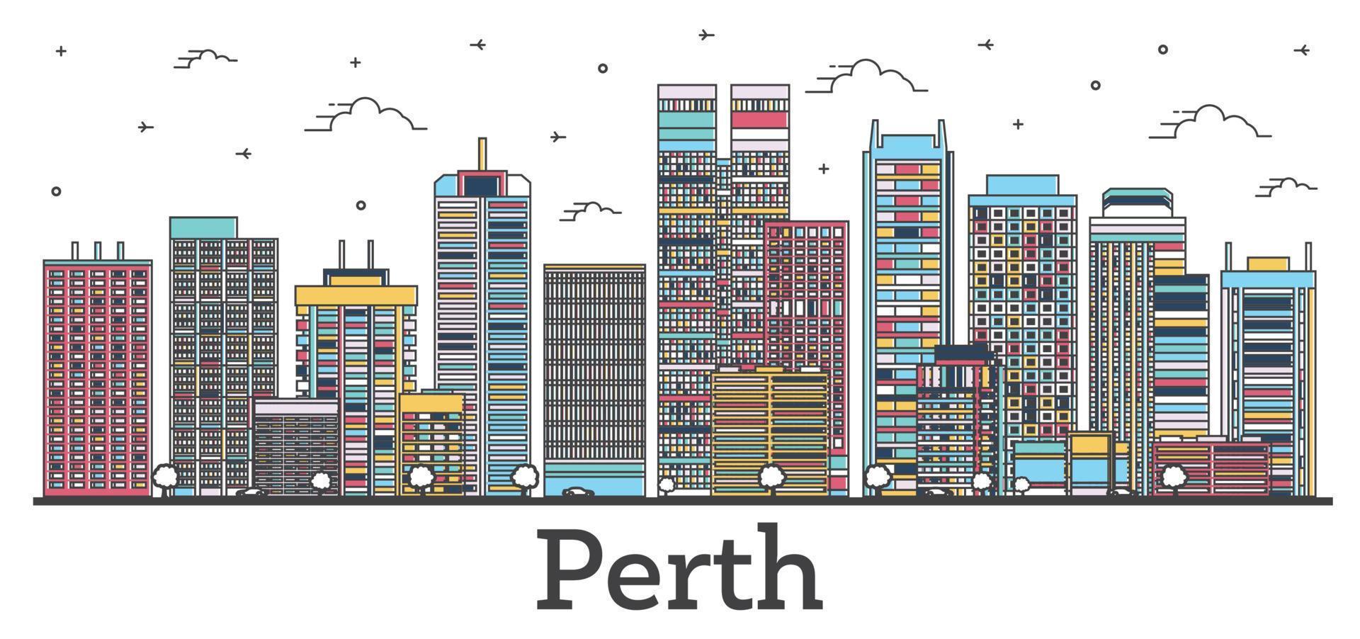 delinear el horizonte de la ciudad de perth australia con edificios de color aislados en blanco. vector