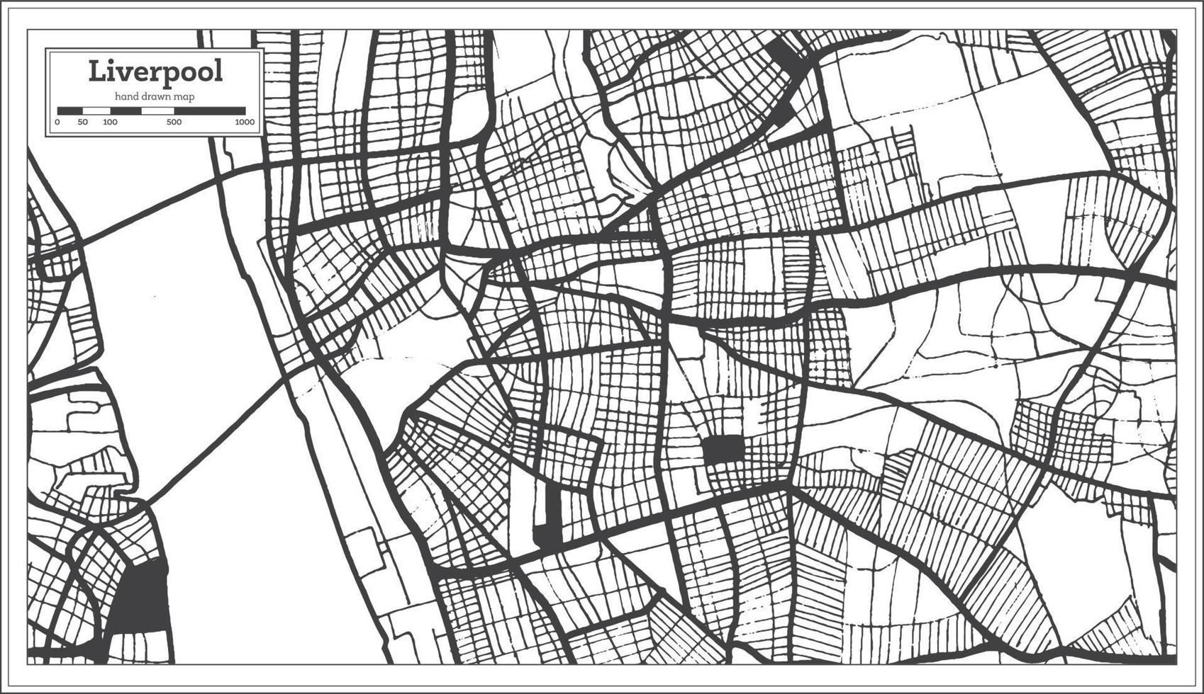 mapa de la ciudad de liverpool gran bretaña en color blanco y negro en estilo retro. esquema del mapa. vector