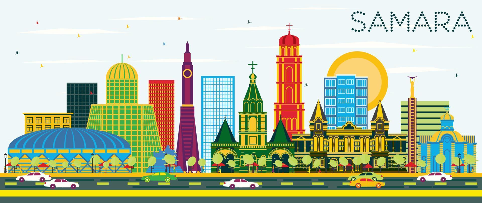 Samara Russia City Skyline with Color Buildings and Blue Sky. vector