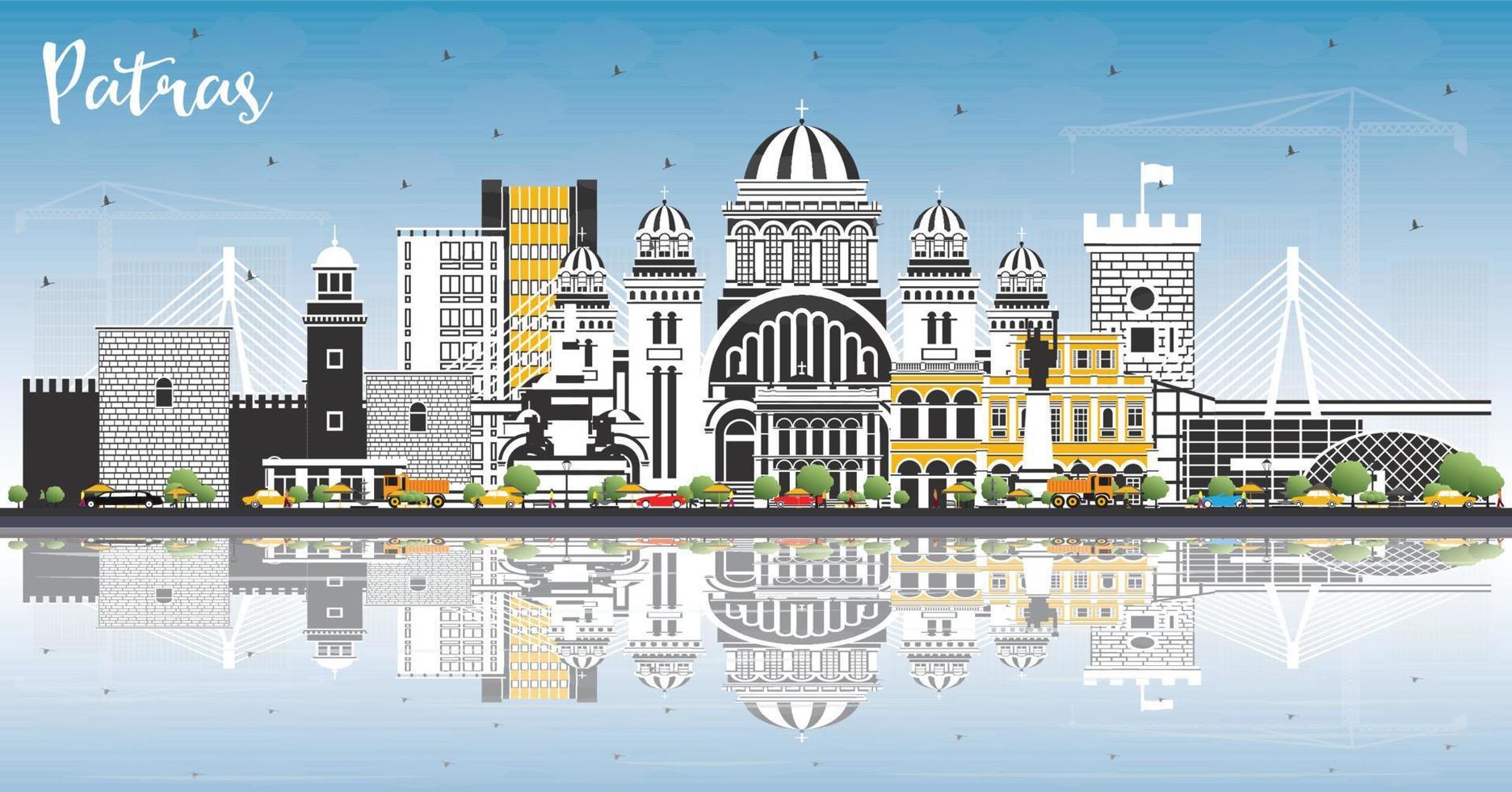 Patras Greece City Skyline with Color Buildings, Blue Sky and Reflections. vector