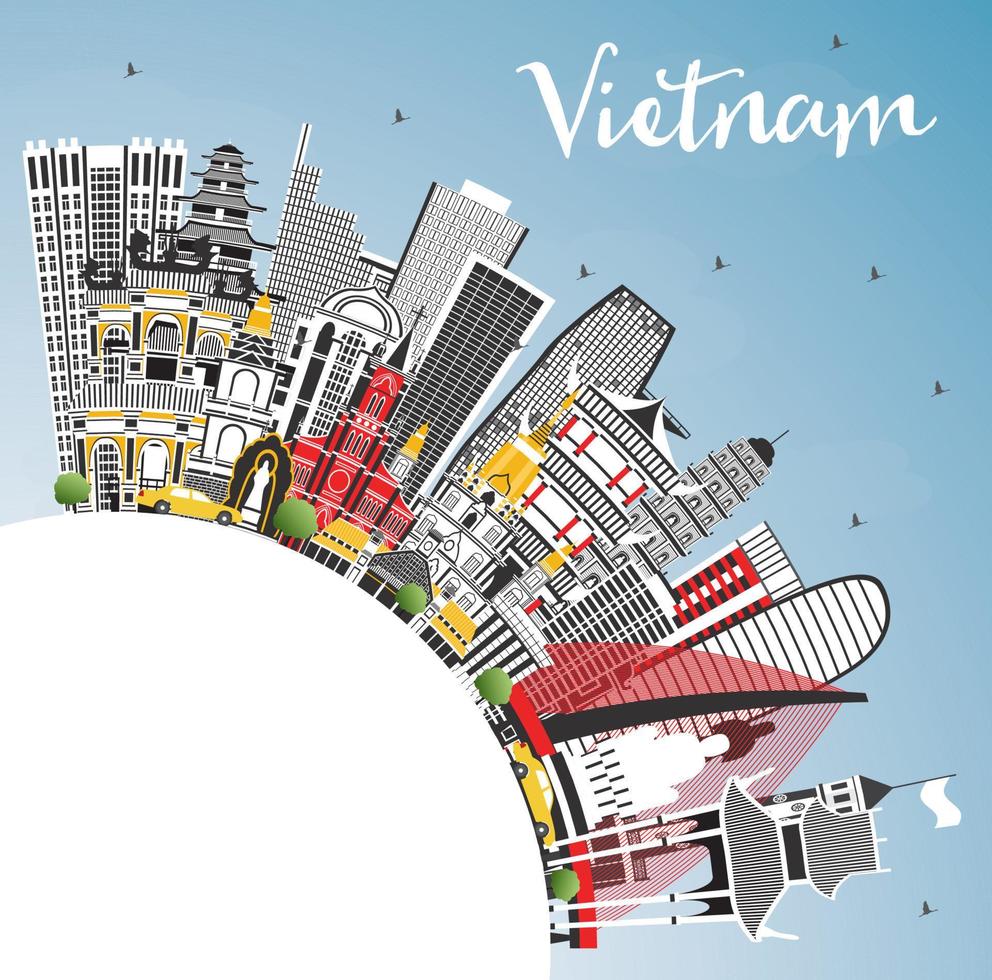 el horizonte de la ciudad de vietnam con edificios grises, cielo azul y espacio para copiar. vector