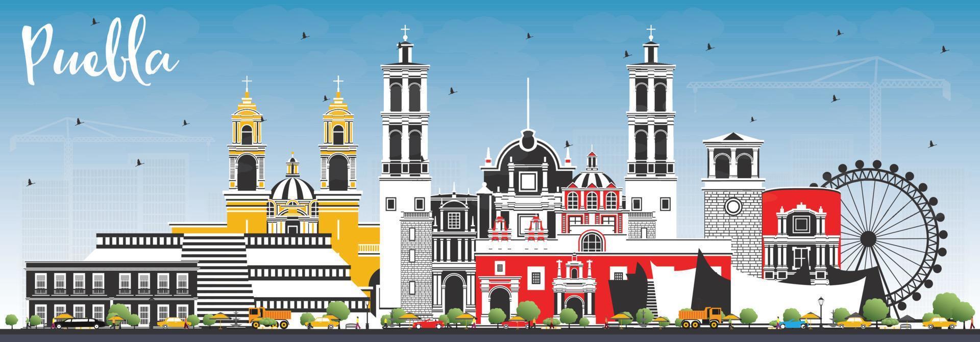 Puebla Mexico City Skyline with Color Buildings and Blue Sky. vector