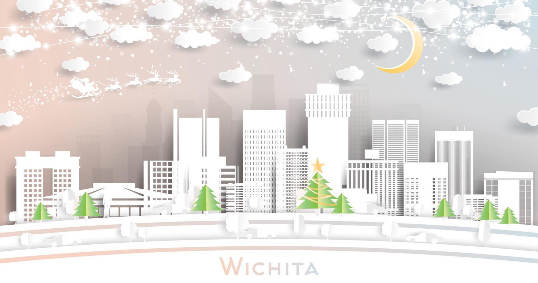 El horizonte de la ciudad de wichita, kansas, usa, en estilo de corte de papel con copos de nieve, luna y guirnaldas de neón. vector