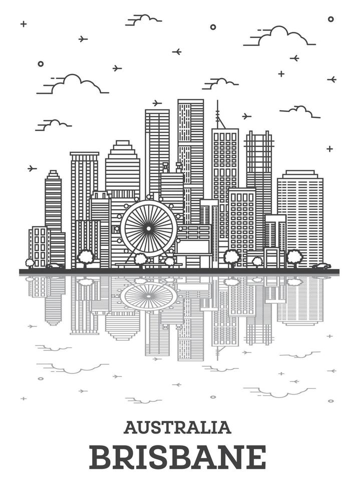 Outline Brisbane Australia City Skyline with Modern Buildings and Reflections Isolated on White. vector