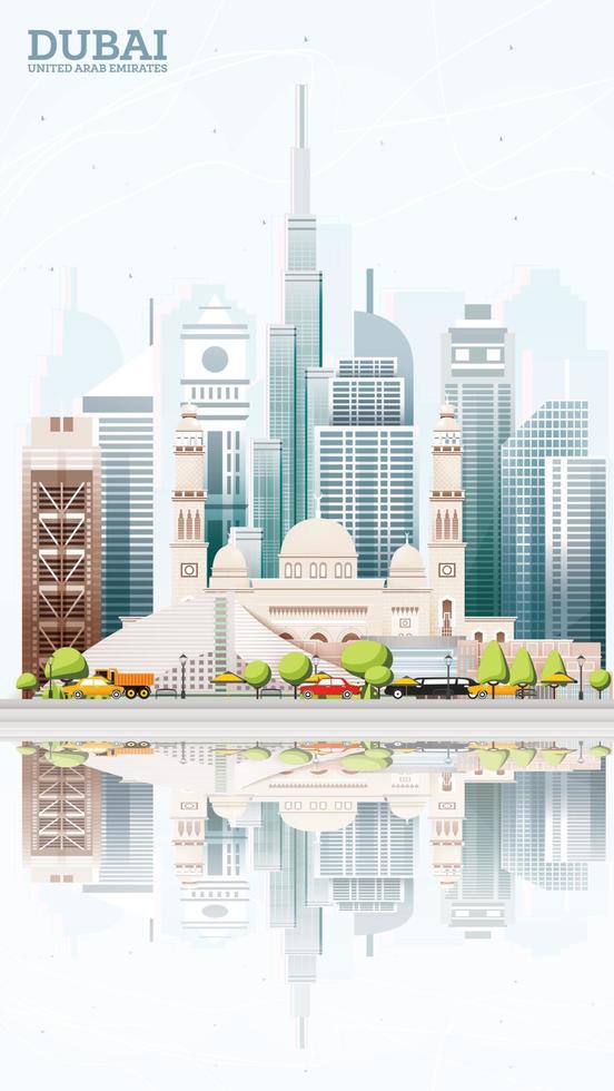 Dubai United Arab Emirates UAE City Skyline with Colored Buildings,  Blue Sky and Reflections. vector